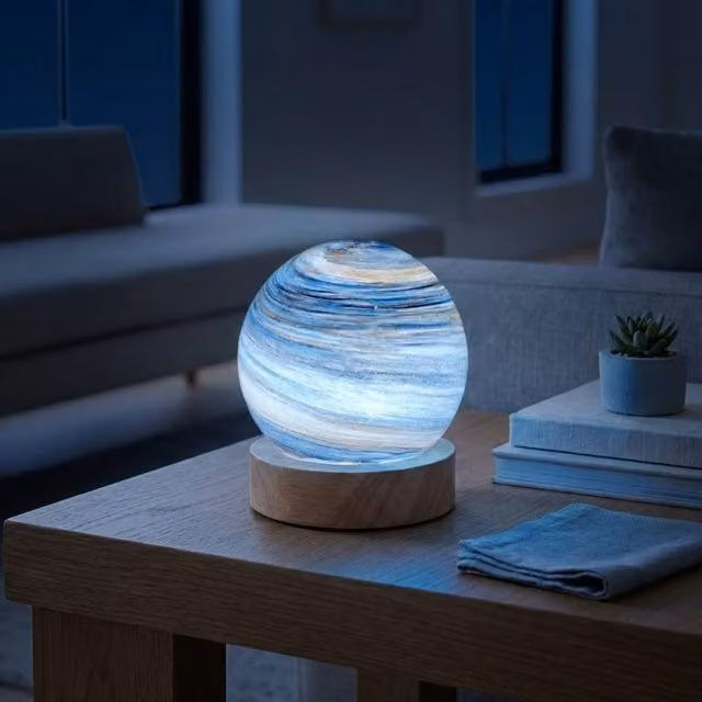 Garden Greatness Aurora Blue Planetary Radiant Light, Blue Glass Sphere Tabletop Globe with Wood Base, W/D/H: 15 x 15 x 10 cm