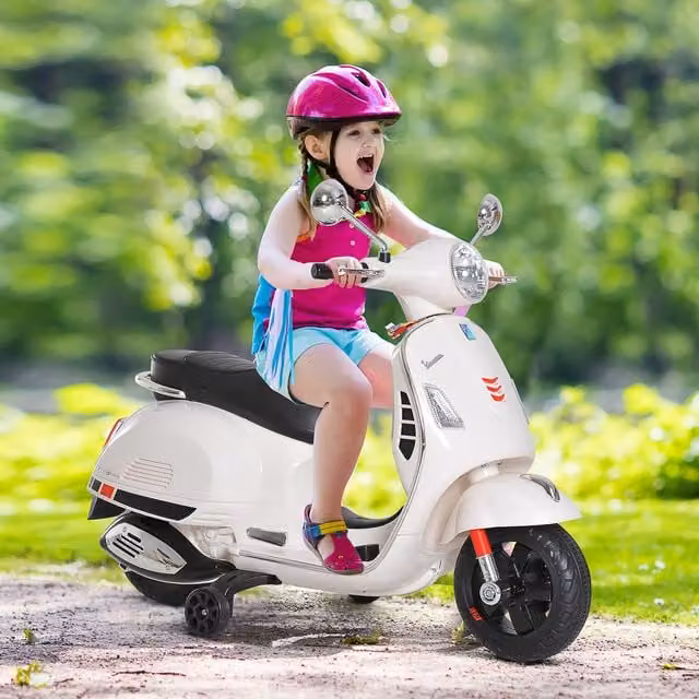 HOMCOM Kids Licensed Vespa Ride On 6V Electric Motorcycle with MP3 Music and LED Lights, White