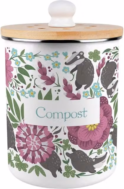 Purely Home Floral Badgers Metal Compost Caddy with Flip Lid, 2L, Purple, Pink and Multicolour