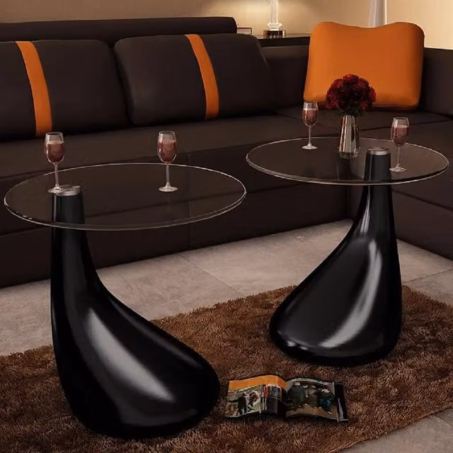 Berkfield Home Set of 2 Modern High Gloss Black Coffee Tables with Round Glass Tops