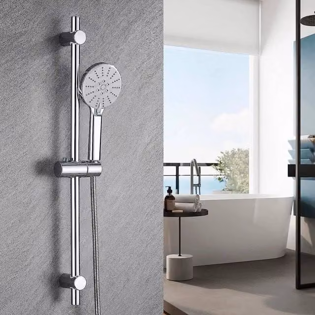 SPETLEK Adjustable Chrome Shower Riser Rail Kit with Head Holder in Silver – 1