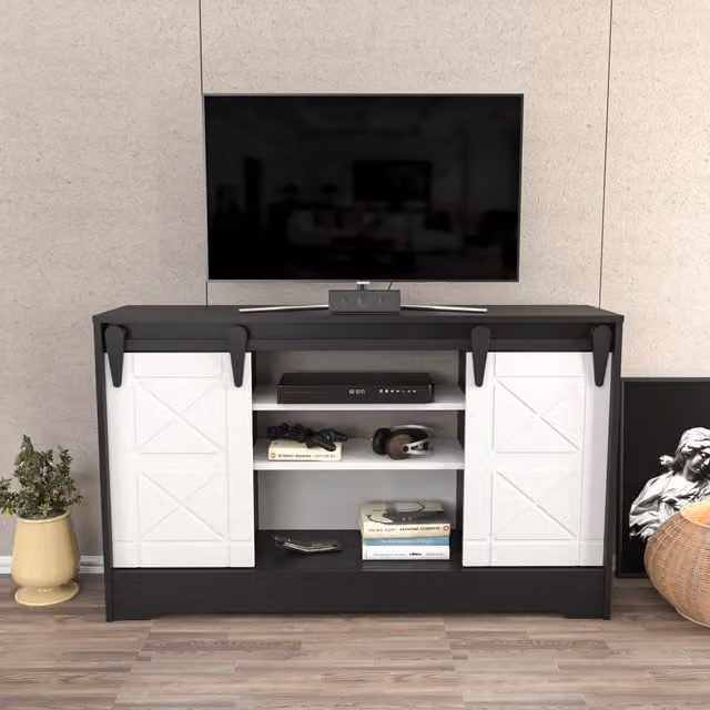 Decorotika Nisay Barn Door TV Unit for TVs up to 63 inches, Dark Grey and White