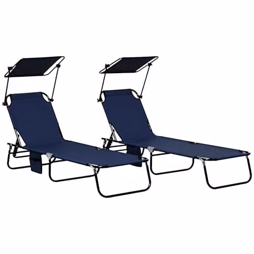Outsunny 2 Piece Folding Sun Loungers with Canopy in Dark Blue