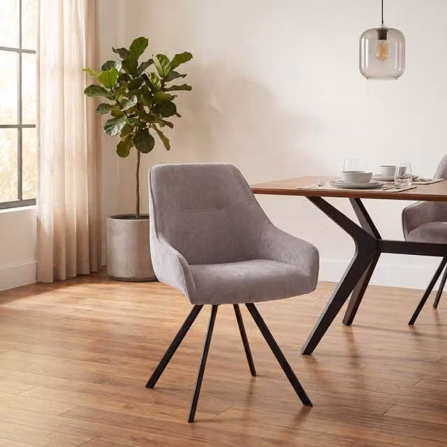 Shankar Modern Swivel Dining Chairs with Armrests and Headrest in Beige and Grey Fabric with Metal Legs
