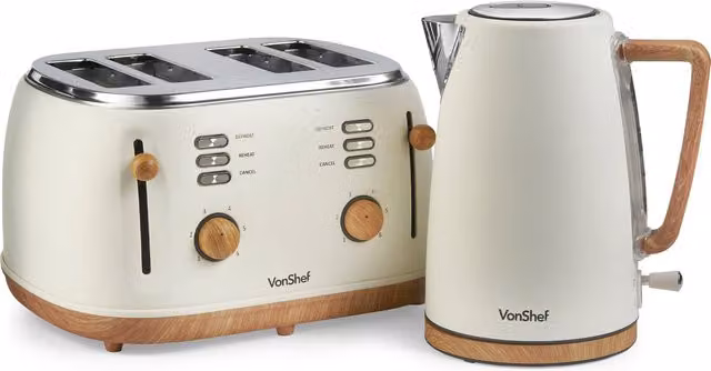 VonShef Kettle and 4 Slice Toaster Set with Removable Tank in Beige, Yellow or White