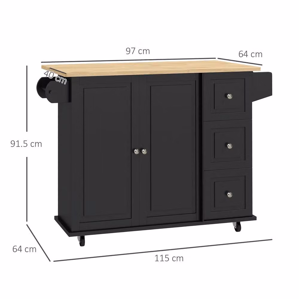 STILVORA Modern Kitchen Trolley with 3 Drawers and Extendable Top in Matt Black – 4