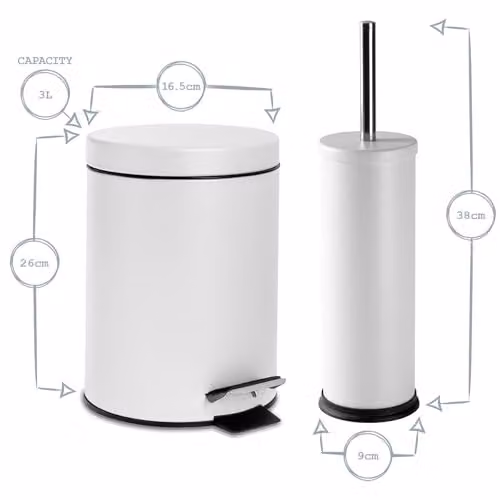 Harbour Housewares 3L Stainless Steel Pedal Bin and Toilet Brush Set in Silver and White – 3