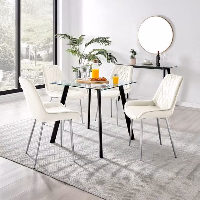 FurnitureboxUK Seattle Square Glass Dining Table with 4 Pesaro Silver Chairs in Cream