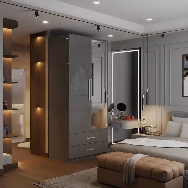 Sliding Wardrobes 4U High Gloss 2 Door Mirrored Wardrobe with Internal Drawers in Grey, W80cm x H200cm