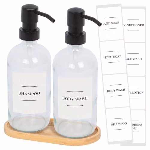 Harbour Housewares 2 Piece Glass Soap Dispenser Set with Bamboo Tray and Labels, 500ml, Transparent with Black Pumps and White Labels
