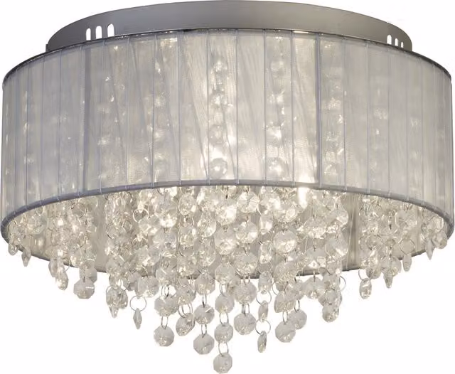 Lighting Collection 3-Light Ceiling Flush Mount with Wrapped Chiffon Fabric Shade and Glass Drops in Silver and Grey