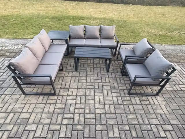 Fimous 8 Seater Modern Garden Furniture Set in Dark Grey with Powder Coated Aluminium Frame and Upholstered Cushions