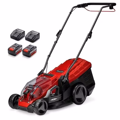 Einhell Power X-Change 36V Cordless Lawnmower in Red with 2x Rechargeable Batteries, 2x Quick Chargers, Mulching Kit and Collection Bag – 1