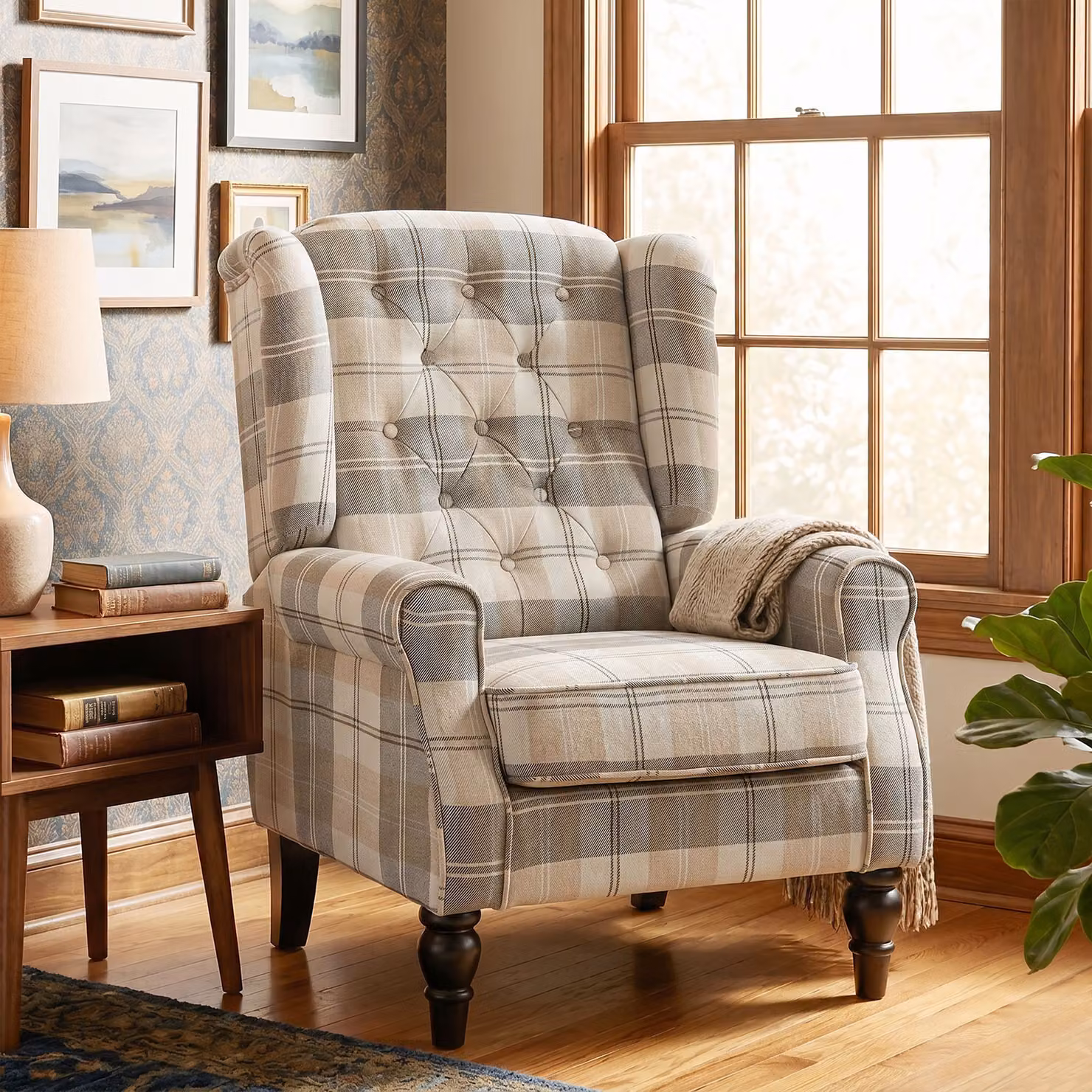 HOMCOM Wingback Accent Chair in Beige Checked Fabric with Solid Wood Frame and Armrests – 6