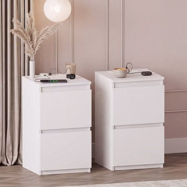 Vida Designs Denver 2 Drawer Bedside Chest with Power Outlet, Set of 2, White