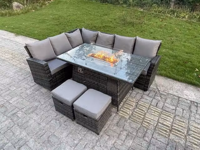 Fimous 8 Seater Rattan Dining Set with Gas Fire Pit Table and Left Corner Sofa in Dark Grey