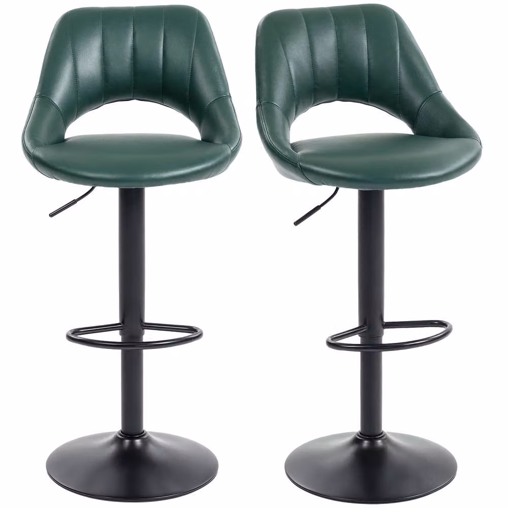 HOMCOM Set of 2 Swivel Adjustable Height Bar Stools with Backrest and Footrest in Dark Green Synthetic Leather – 2