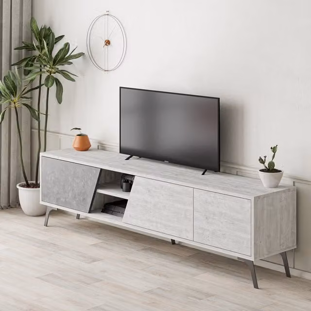 Decortie Fiona Modern TV Unit in White and Grey with Media Compartments and Cable Management, Width: 180 cm