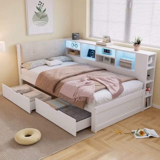 Merax White Single Storage Bed with LED Lighting, USB Charging Ports and Drawers, W/D/H: 90 x 190 x 80.5 cm