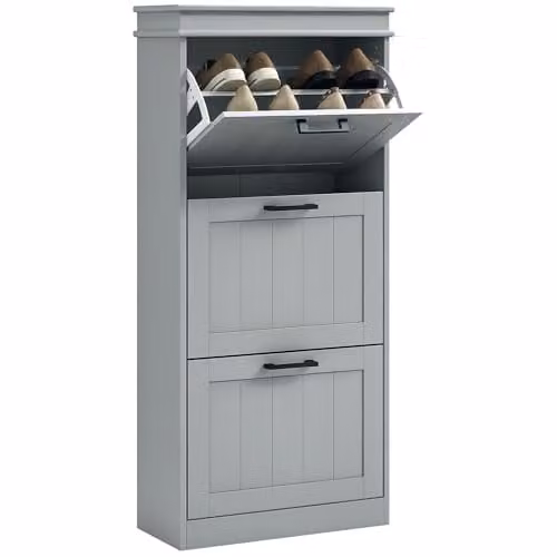 HOMCOM Slim Shoe Storage Cabinet with 3 Tilting Compartments and Internal Shelves, Grey – 1