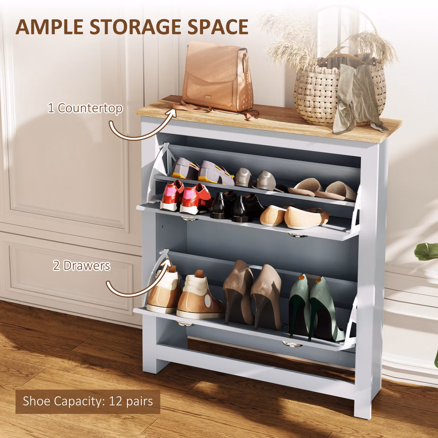 HOMCOM Grey 2-Drawer Shoe Cabinet with Tilting Flip Doors and Internal Shelves for Hallway Storage – 2