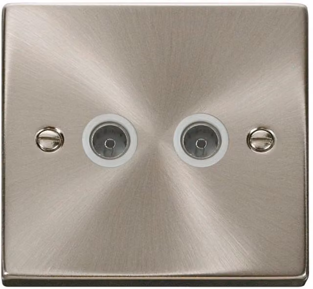 SE HOME White and Silver Satin Brushed Chrome 2 Gang Twin Coaxial Flush TV Socket with Plate