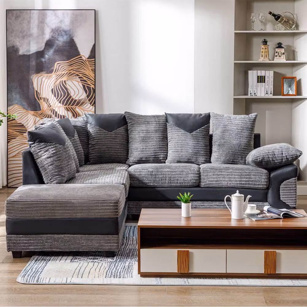 SquareBoxx Luca Grey Jumbo Cord Corner Sofa with Left Chaise and Black Leather Trim – 2