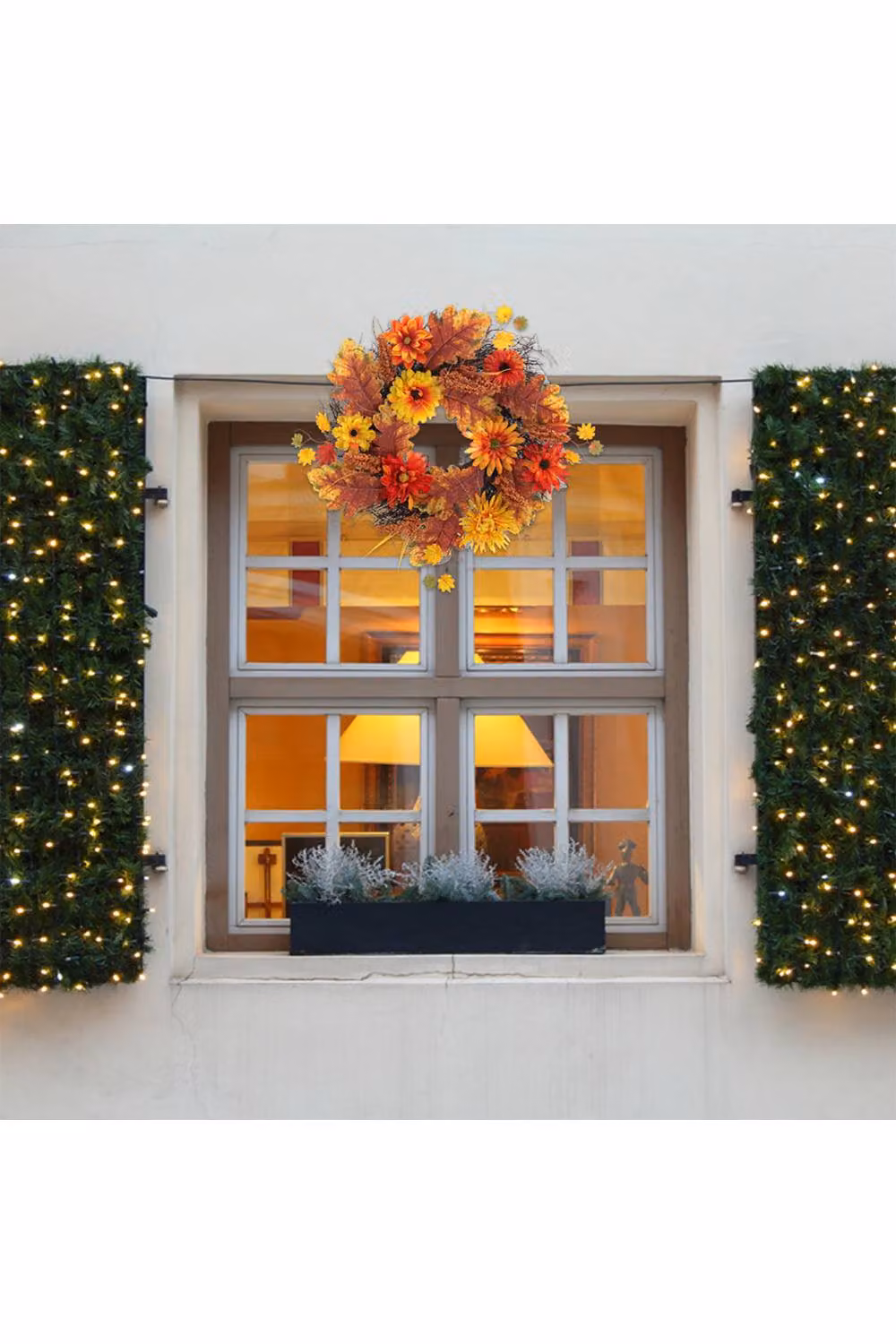 H&O Direct Autumn Daisy and Maple Leaf Wreath Hanging Decoration with LED Light, Brown, Diameter: 55 cm – 3