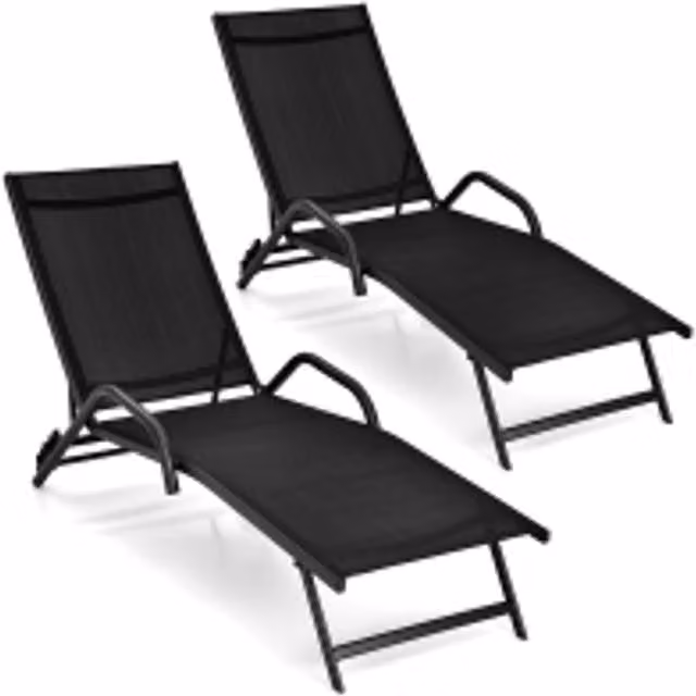 Costway Set of 2 Outdoor Chaise Lounge Chairs with 5-Position Adjustable Recliners in Black – 1