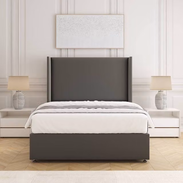 BSSPOKE Austin Double Divan Bed Set with 54 inch Plush Velvet Headboard and Mattress in Grey, W/D/H: 140 x 200 cm