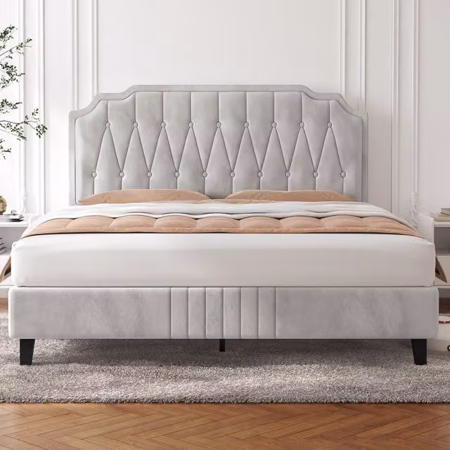 Yaheetech Art Deco Upholstered Bed Frame in Beige Fabric, W/D/H: 140 x 200 cm