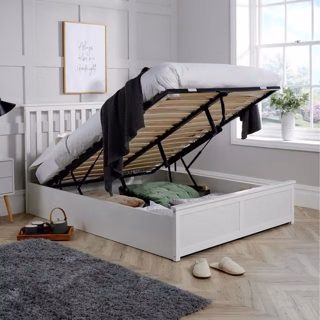 Home Source Florida White Wooden Gas Lift Ottoman Storage Bed Frame, Double, 140 x 200 cm