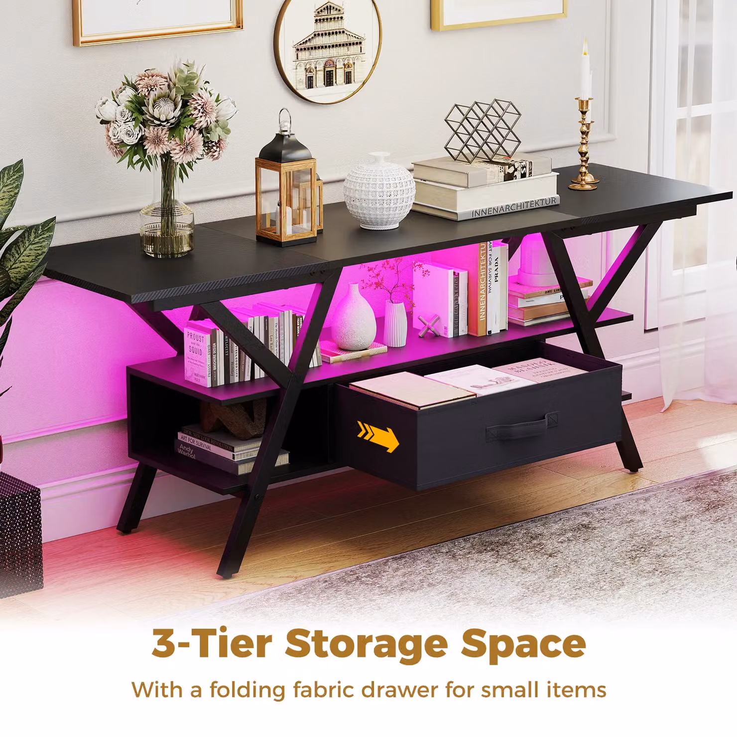 Gymax 3-Tier Modern TV Stand for up to 65 inch TVs with Integrated LED Lights and Power Outlets in Black – 6
