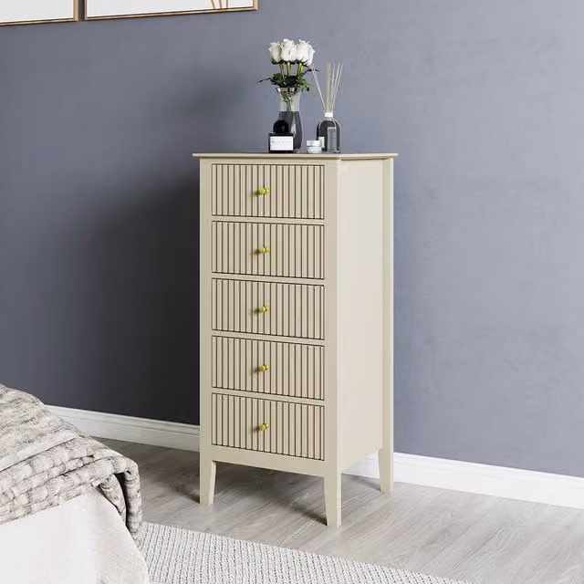 Melody Maison Hales Taupe Tall 5 Drawer Bedside Table in Beige