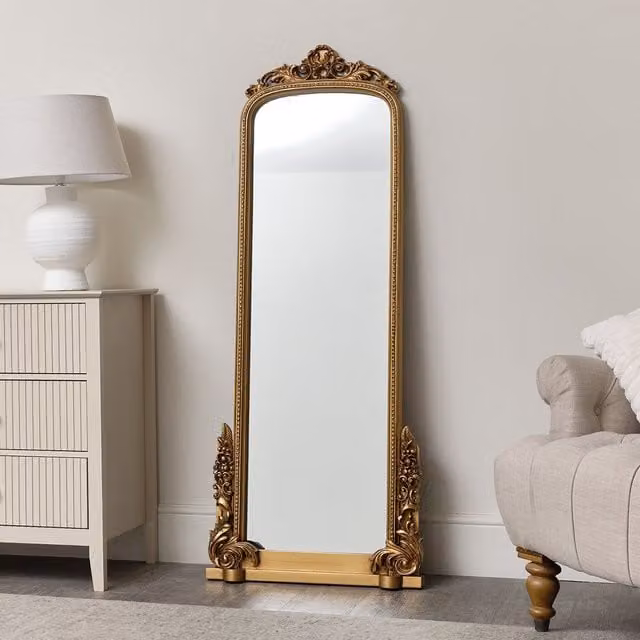 Melody Maison Large Tall Arch Ornate Mirror in Antique Gold, H 150 cm x W 60 cm