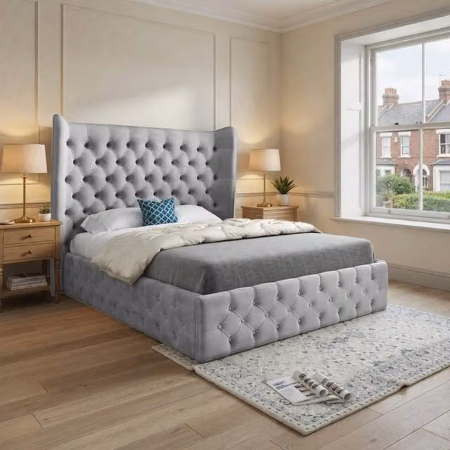 KDMD Leigh Wide Winged Upholstered Designer Bed Frame in Grey Soft Velvet, Super King Size (200 x 200 cm)
