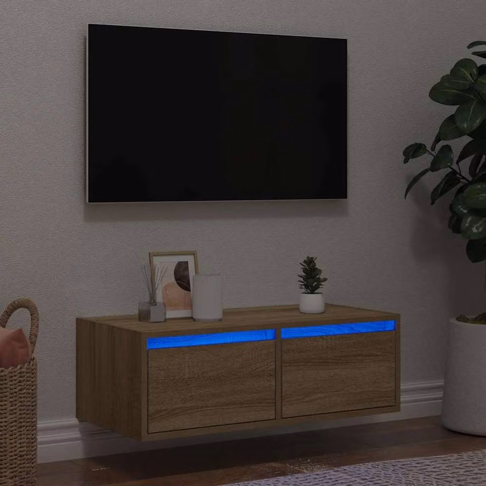 Berkfield Home TV Cabinet with LED Lights in Sonoma Oak and Light Tan, W/D/H: 75 x 35.5 x 25 cm – 2
