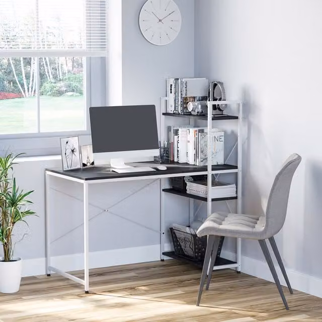 HOMCOM Industrial Computer Desk with 4 Tier Bookshelf in Black