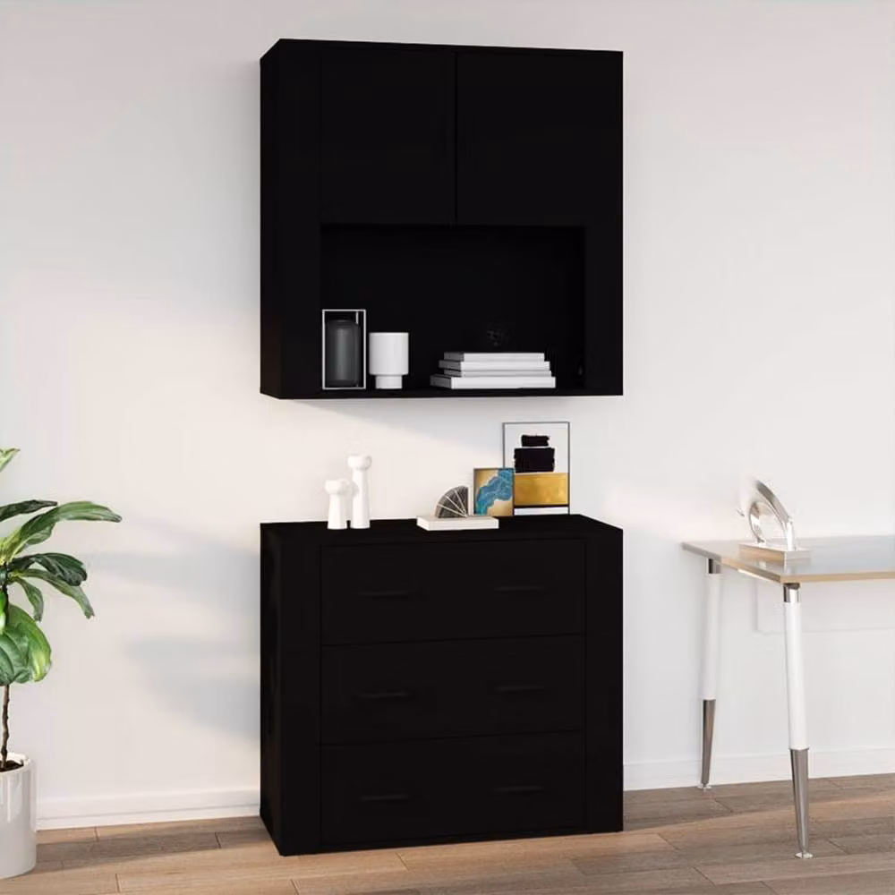 Berkfield Home Modern Wall Mounted Cabinet in Black with Hinged Doors and Open Shelving, W/D/H: 80 x 33 x 80 cm – 2