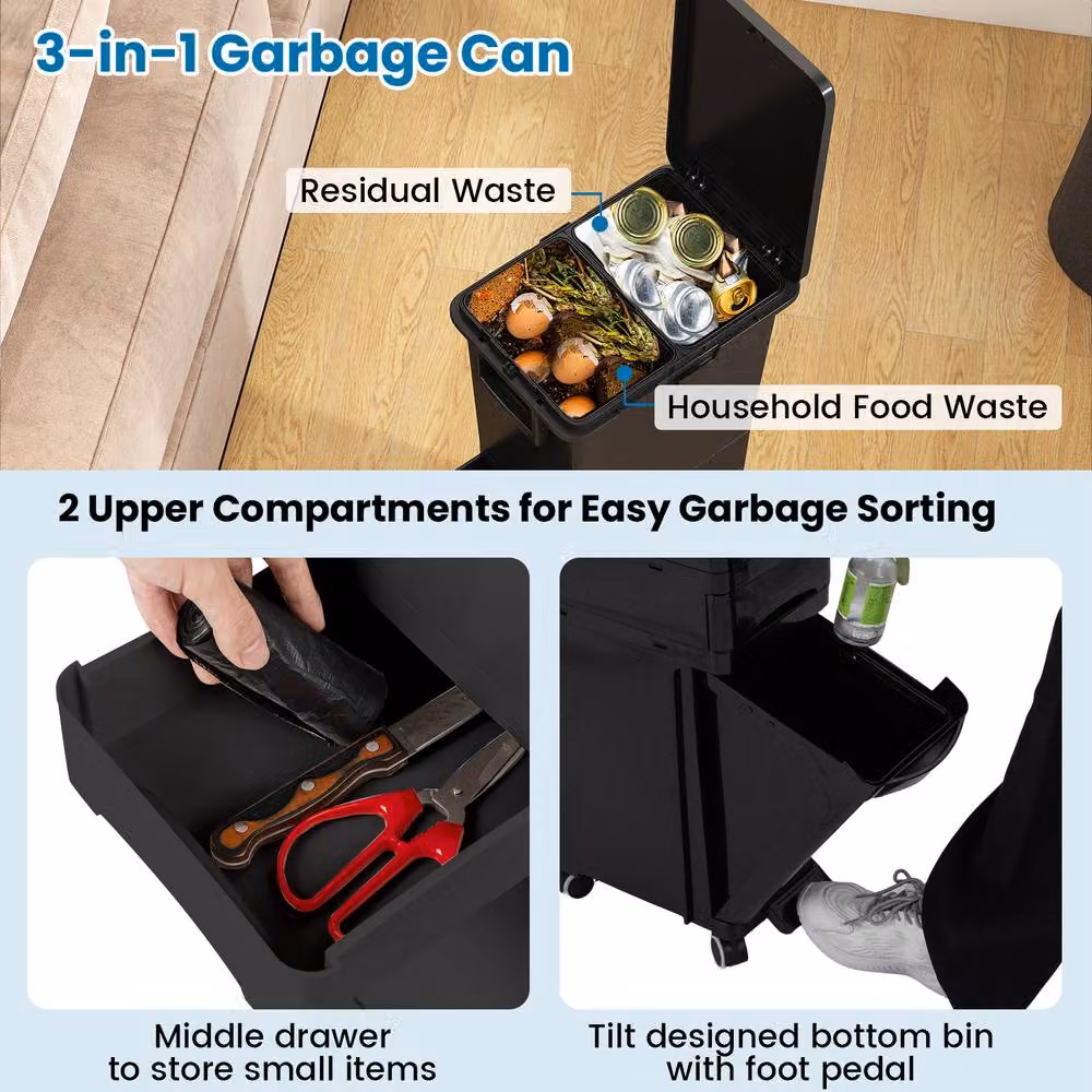 Costway Black Plastic Step-on Kitchen Trash Can with Drawer and Removable Inner Bucket – 6