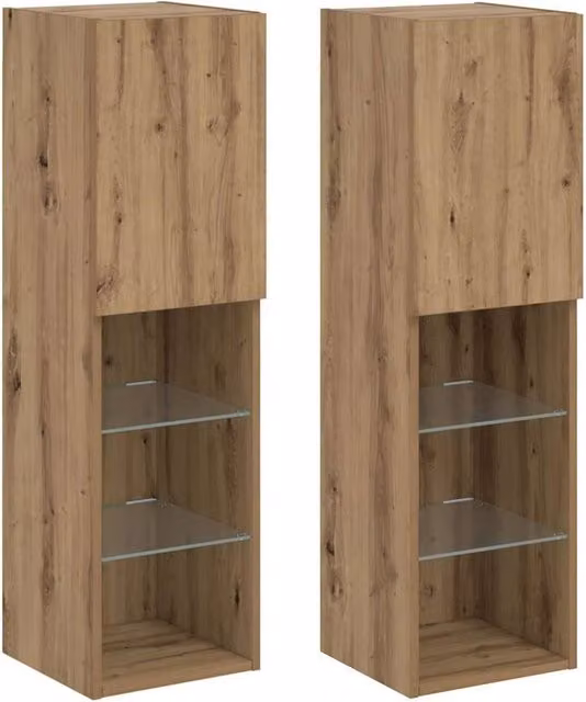 Berkfield Home Set of 2 Artisan Oak TV Cabinets with LED Lights in Brown, W/D/H: 30.5 x 30 x 102 cm – 1