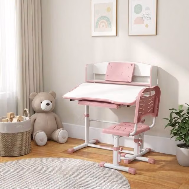 STILVORA Kids Study Table and Chair Set with Drawer and Shelf, Pink – 1