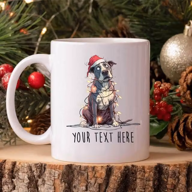 60 SECOND MAKEOVER Personalised Pitbull Christmas Lights Santa Hat Ceramic Mug, White