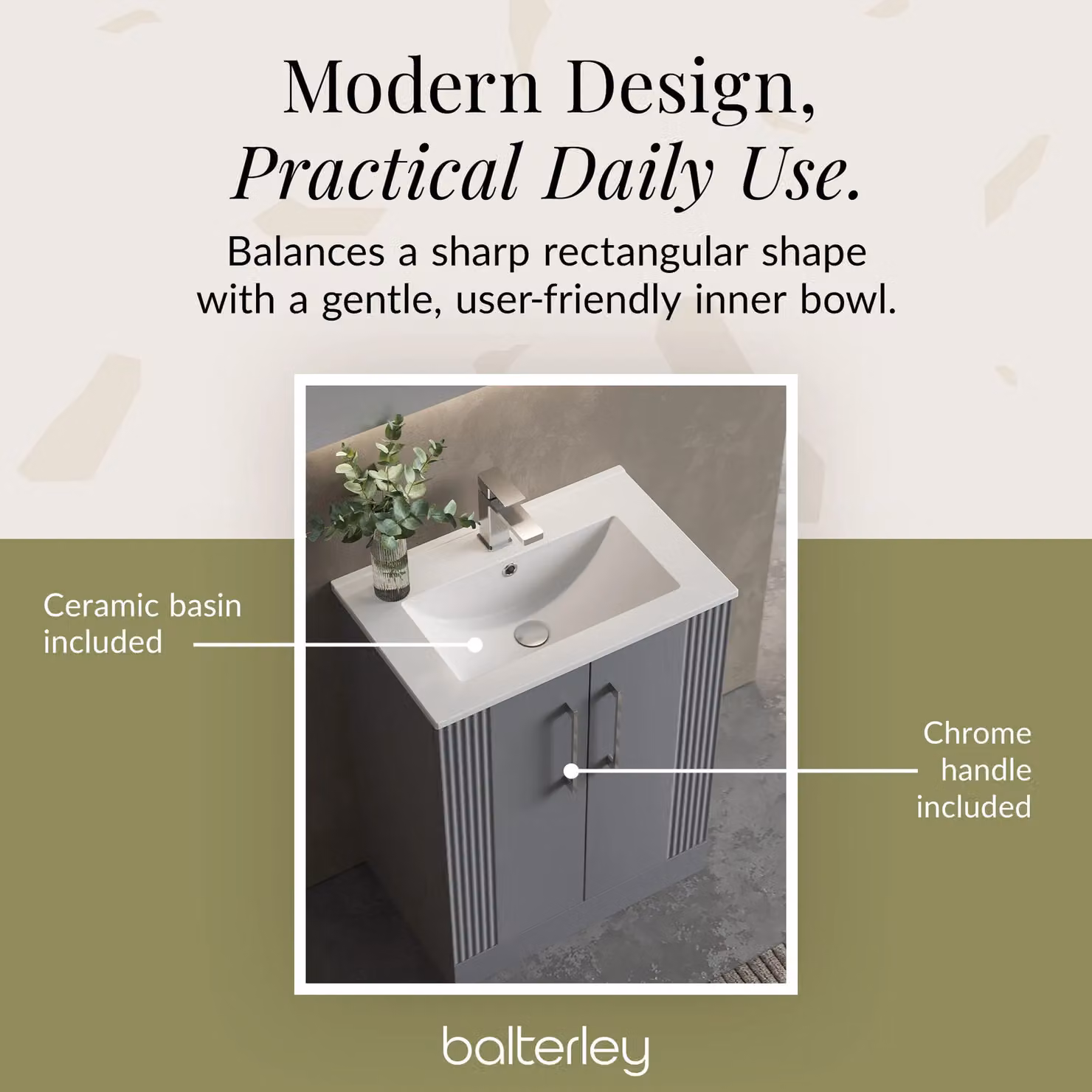 Balterley Grey Floor Standing Bathroom Vanity Unit with Rectangular Basin and Soft Close 2 Doors – 5
