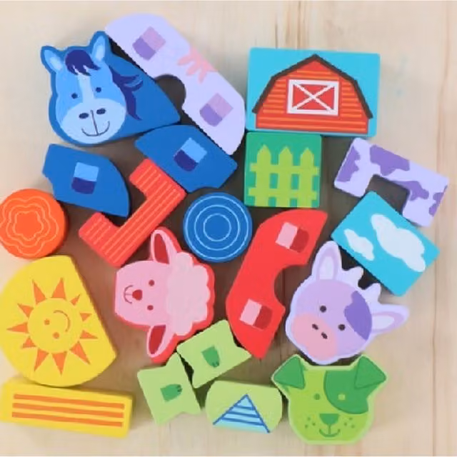 UMKYTOYS Multicolour Farm Animal Wooden Stacking Building Blocks Set