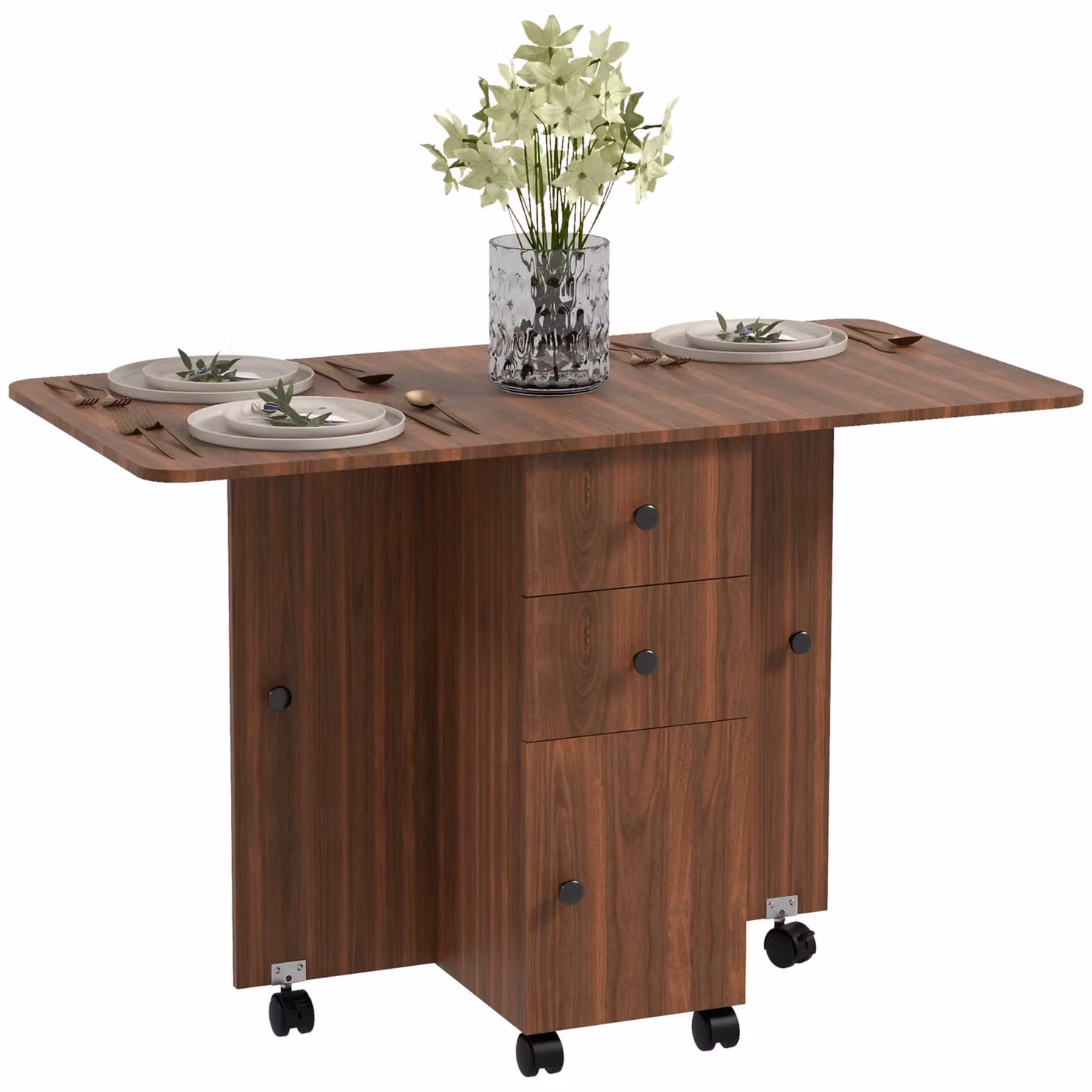 HOMCOM Brown Folding Drop Leaf Dining Table for 4-6 People with Castors – 2