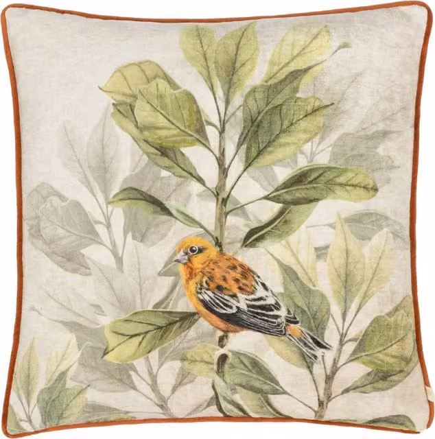 Wylder Nature Kielder Forest Swinley Bird Chenille Piped Cushion in Orange and Beige, W/D/H: 43 x 43 x 43 cm