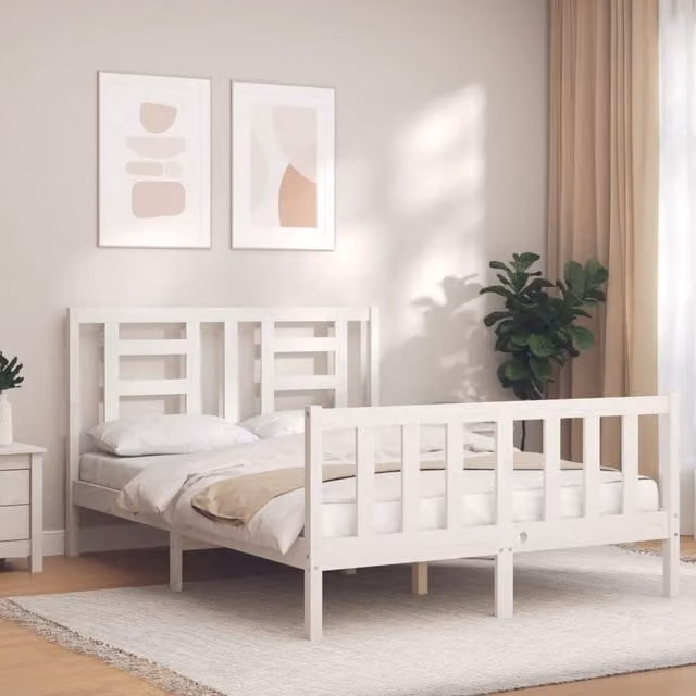 Berkfield Home White Solid Pine Bed Frame with Headboard W/D/H: 140 x 190 cm
