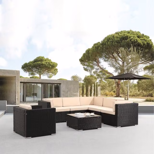AREBOS Modern Polyrattan Garden Furniture Set in Black with Metal and Glass Details