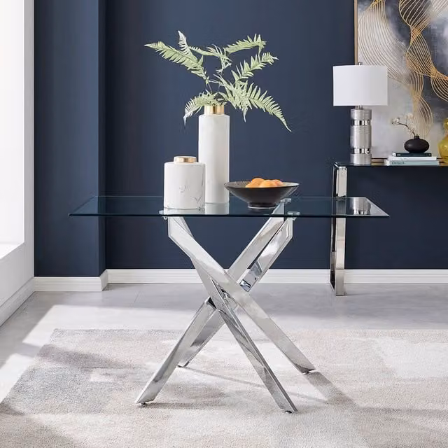 FurnitureboxUK Leonardo 4-Seater Rectangular Glass Dining Table with Chrome X-Frame, Silver and Grey